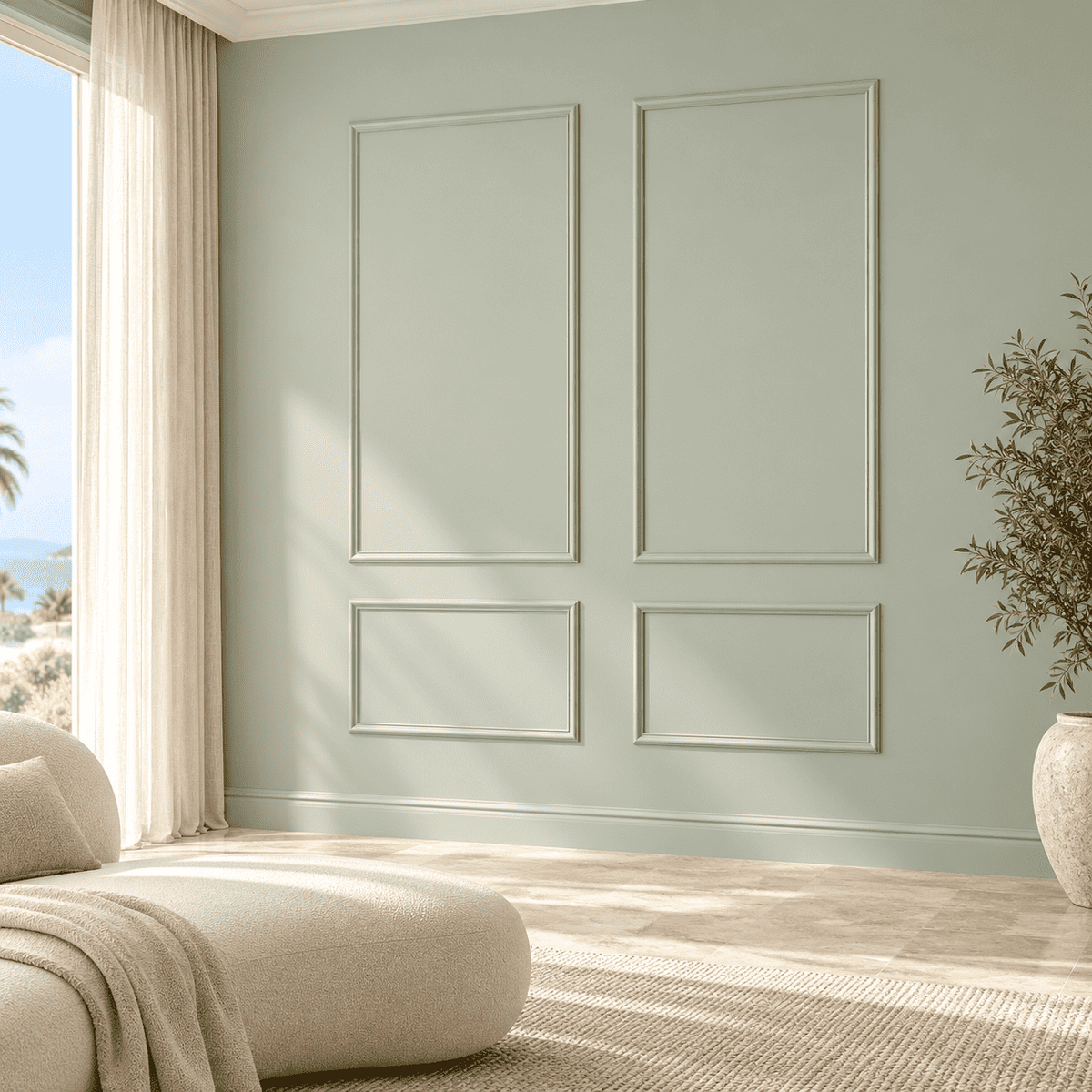 Sage green picture frame wall molding in a living room, wide view