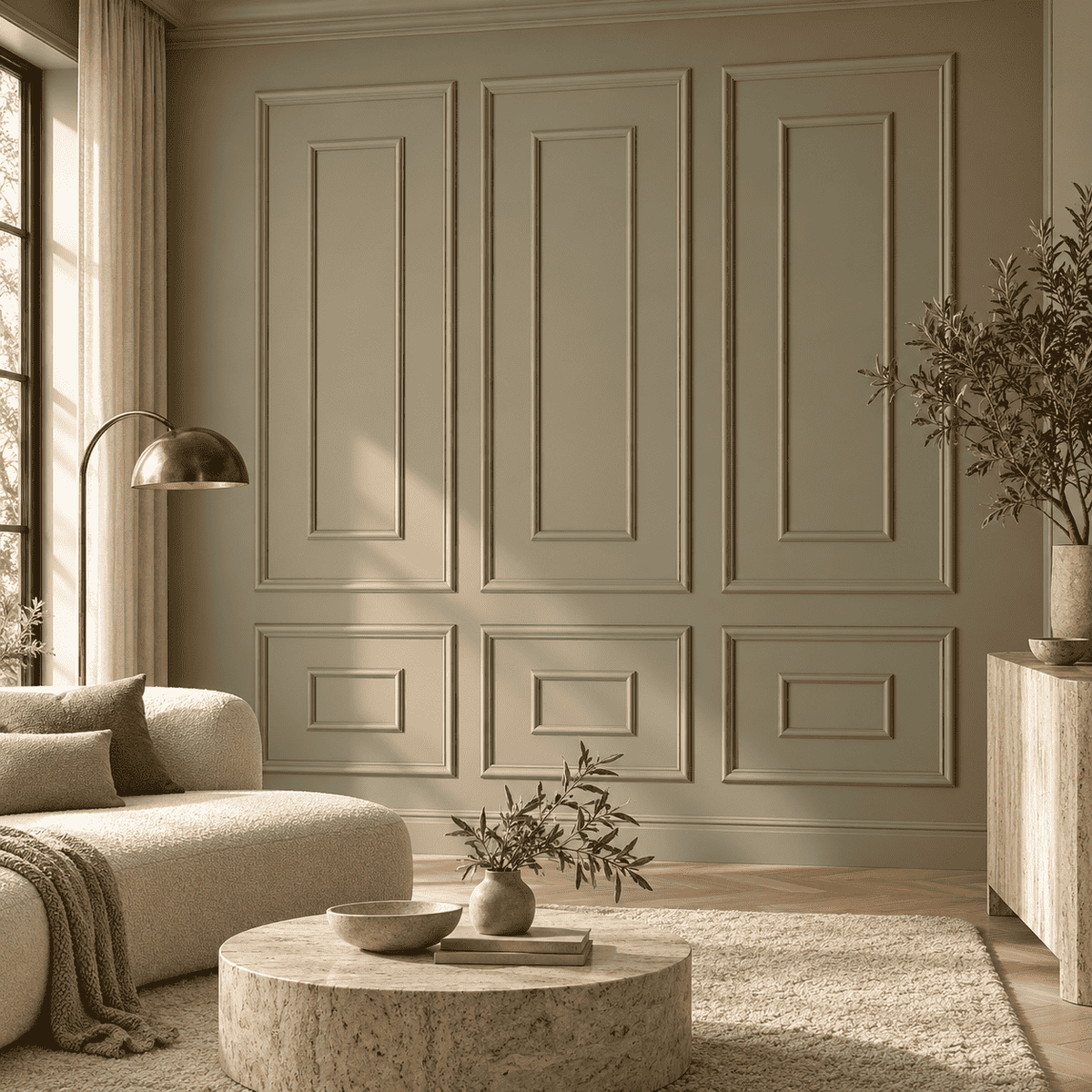 Beige double picture frame wall molding in a living room