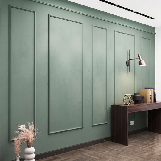 Sage green picture frame wall molding in a home office alternate view