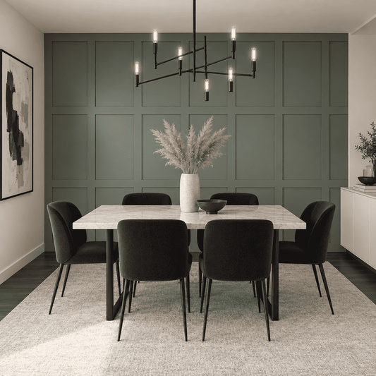 Sage green grid board and batten wall in a dining room alternate view