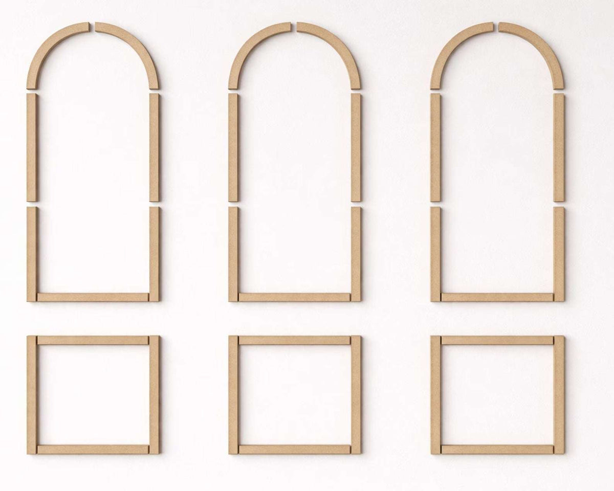 Arched Wall Molding pieces laid out on the floor, second view