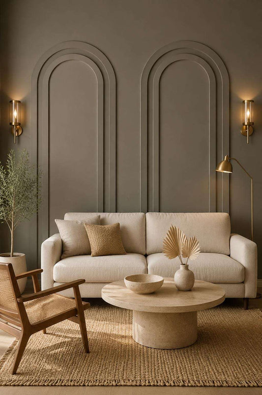 Taupe arched wall molding in a living room alternate view