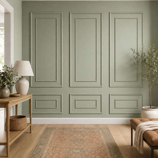 Sage green double picture frame wall molding in a living room alternate view