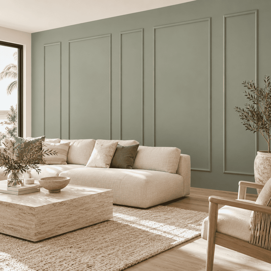 Sage green picture frame wall molding in a living room alternate view