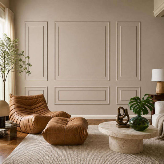 Greige double picture frame wall molding in a living room alternate view