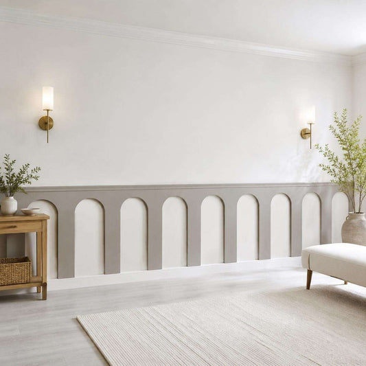 Half wall trim idea: light gray half wall arch molding in a living room alternate view