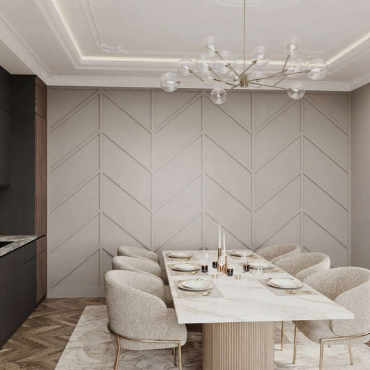 White herringbone wall molding in a dining room alternate view