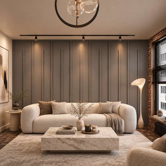 Modern wall molding: taupe vertical slat wall molding in a living room alternate view