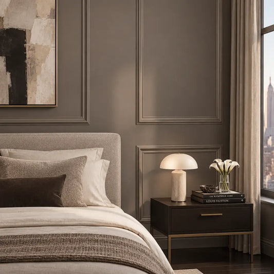 Bedroom wall molding design: taupe picture frame wall molding behind the bed alternate view