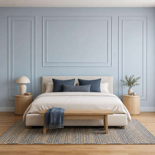 Bedroom wall molding design: light blue picture frame wall molding behind the bed alternate view