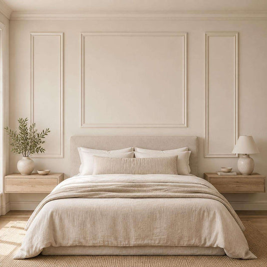Bedroom wall molding design: cream picture frame wall molding behind the bed, wide view alternate view