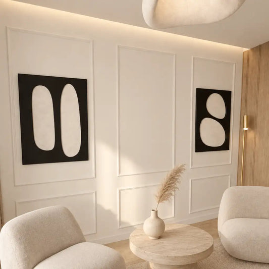 White picture frame wall molding in a living room alternate view