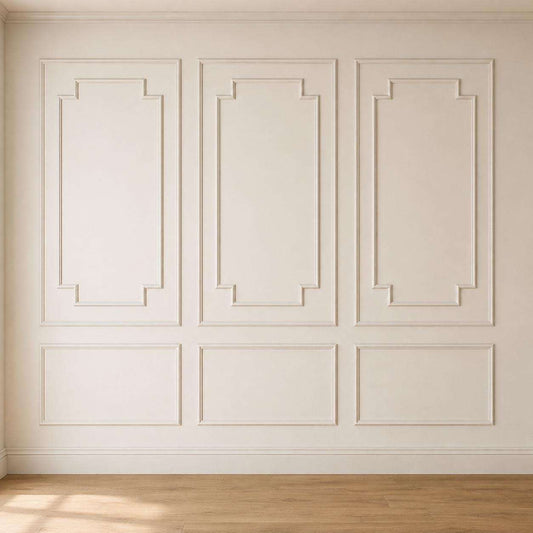White step-corner picture frame molding on an accent wall alternate view