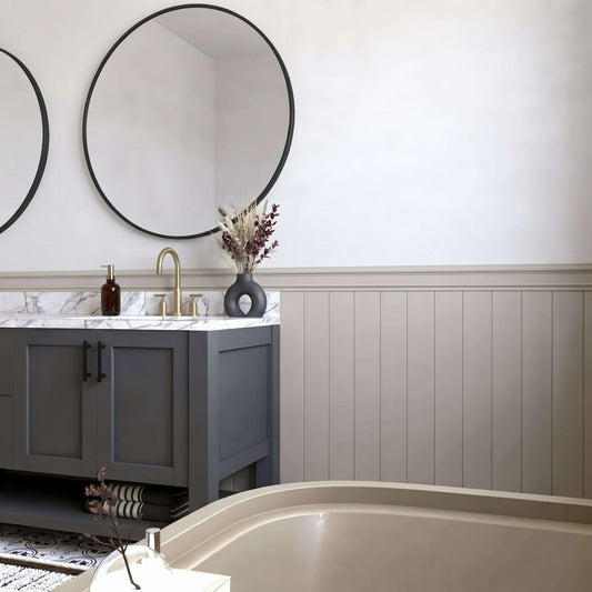Gray vertical panel wainscoting in a bathroom alternate view