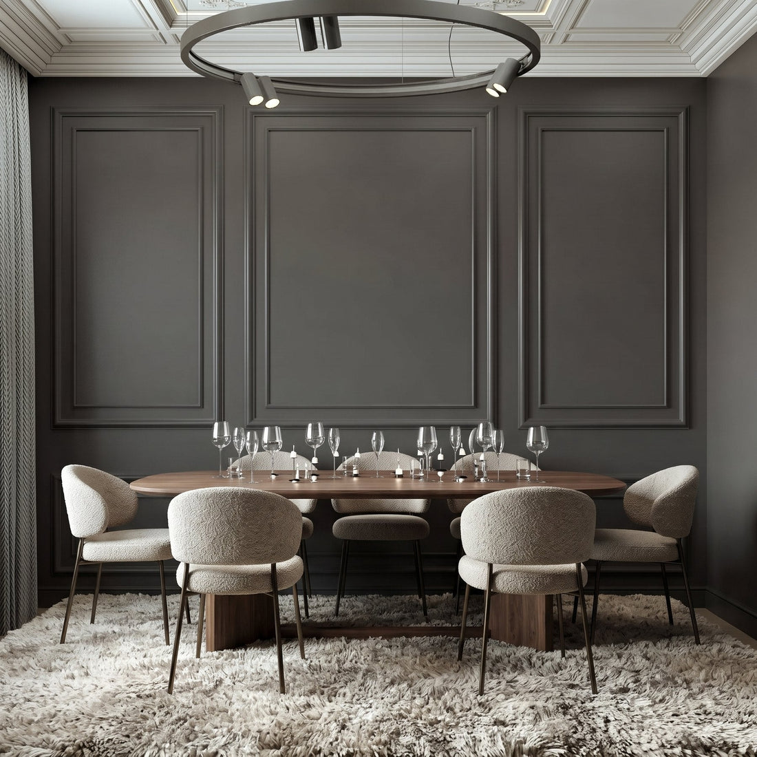 Wainscoting height: charcoal picture frame wall panels in a dining room