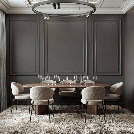 Wainscoting height: charcoal picture frame wall panels in a dining room