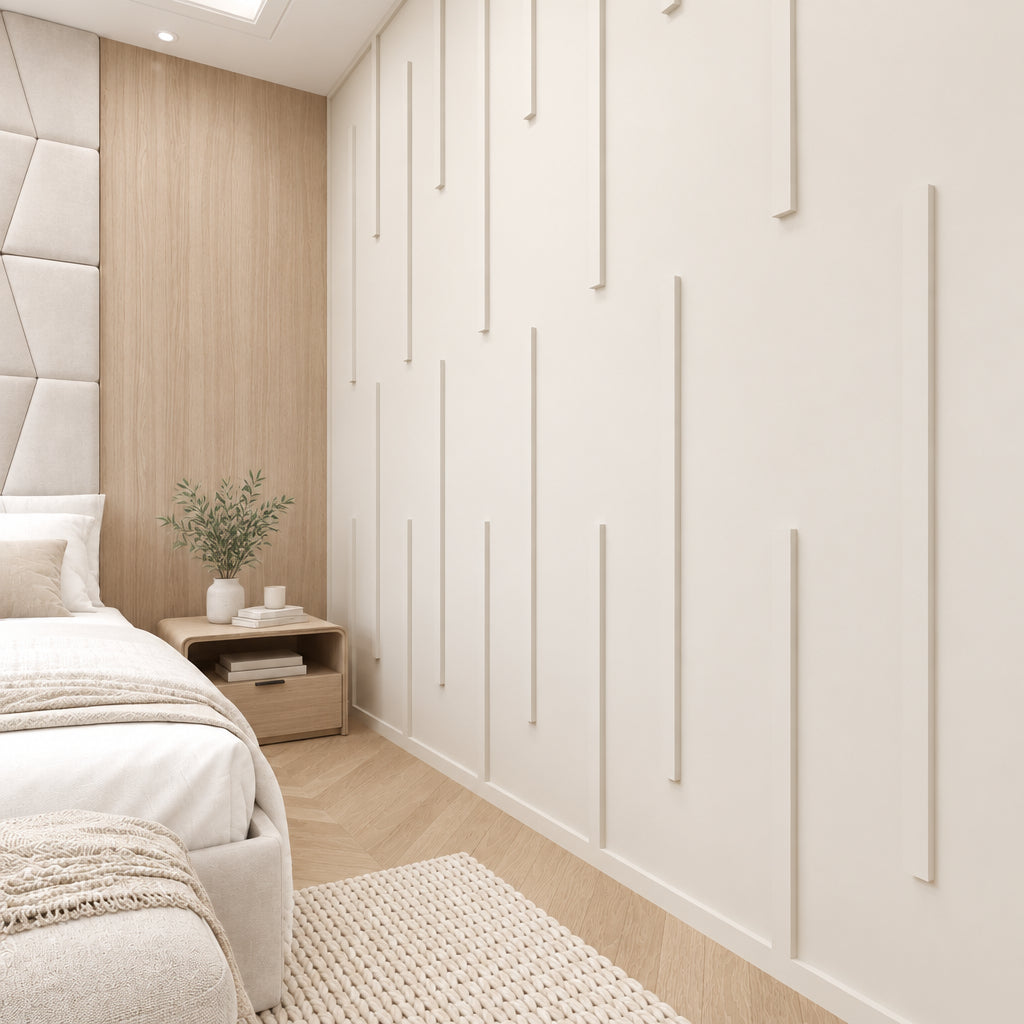 Living room wall molding with flat frames sized behind a sofa