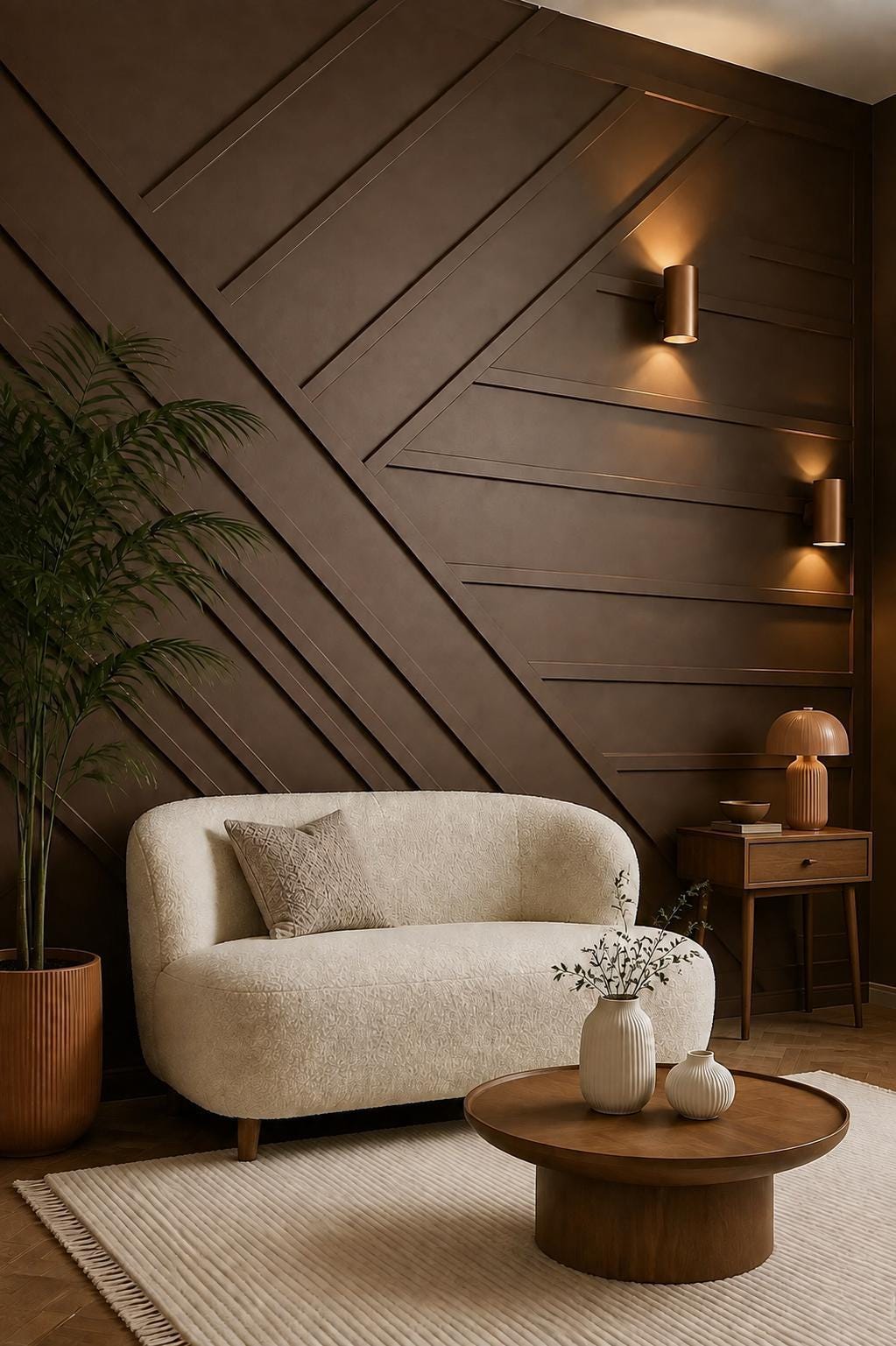 Geometric wall panels: dark brown diagonal accent wall