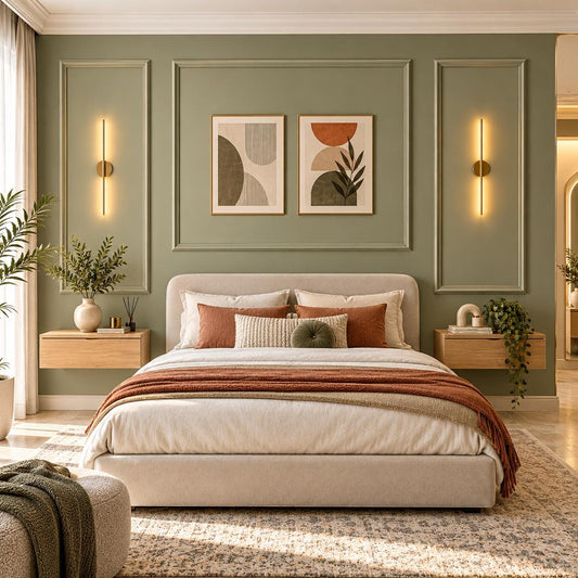 Peel and stick wall panels: sage green picture frame molding in a bedroom