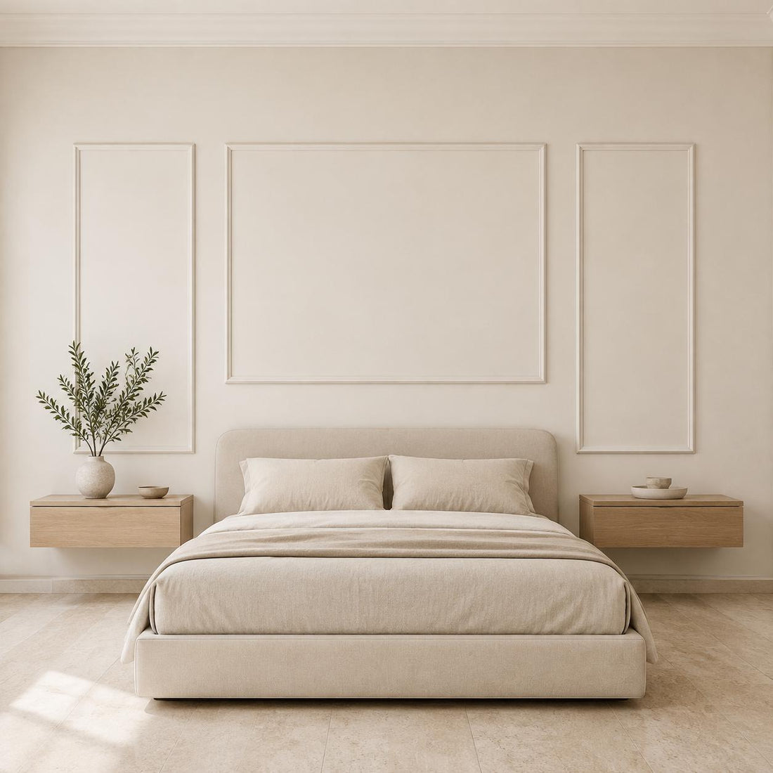 Molding bedroom wall with three picture frames sized around the headboard