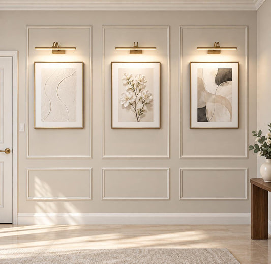 Custom accent wall with three columns of picture frame molding sized to the wall
