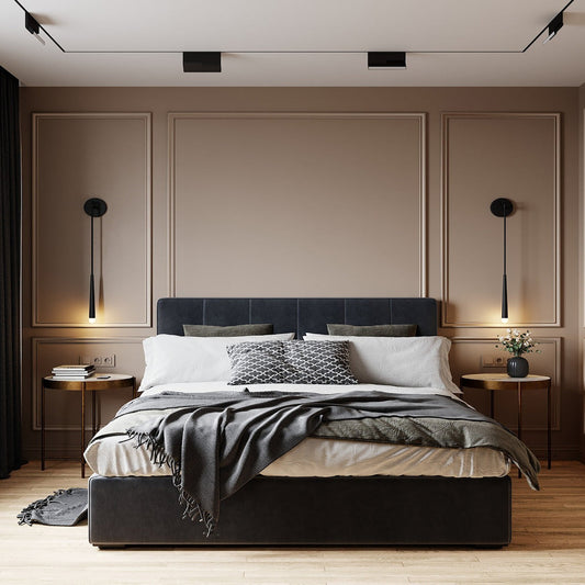 Renter friendly wall paneling: taupe picture frame molding behind a bed