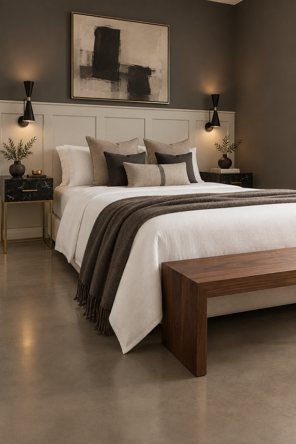 Shaker wall paneling: white panel frames behind a bed