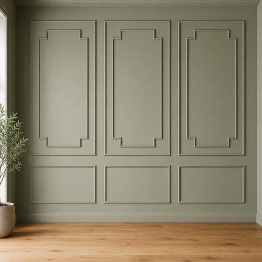 Architectural trim with stepped corner picture frame molding in paintable MDF