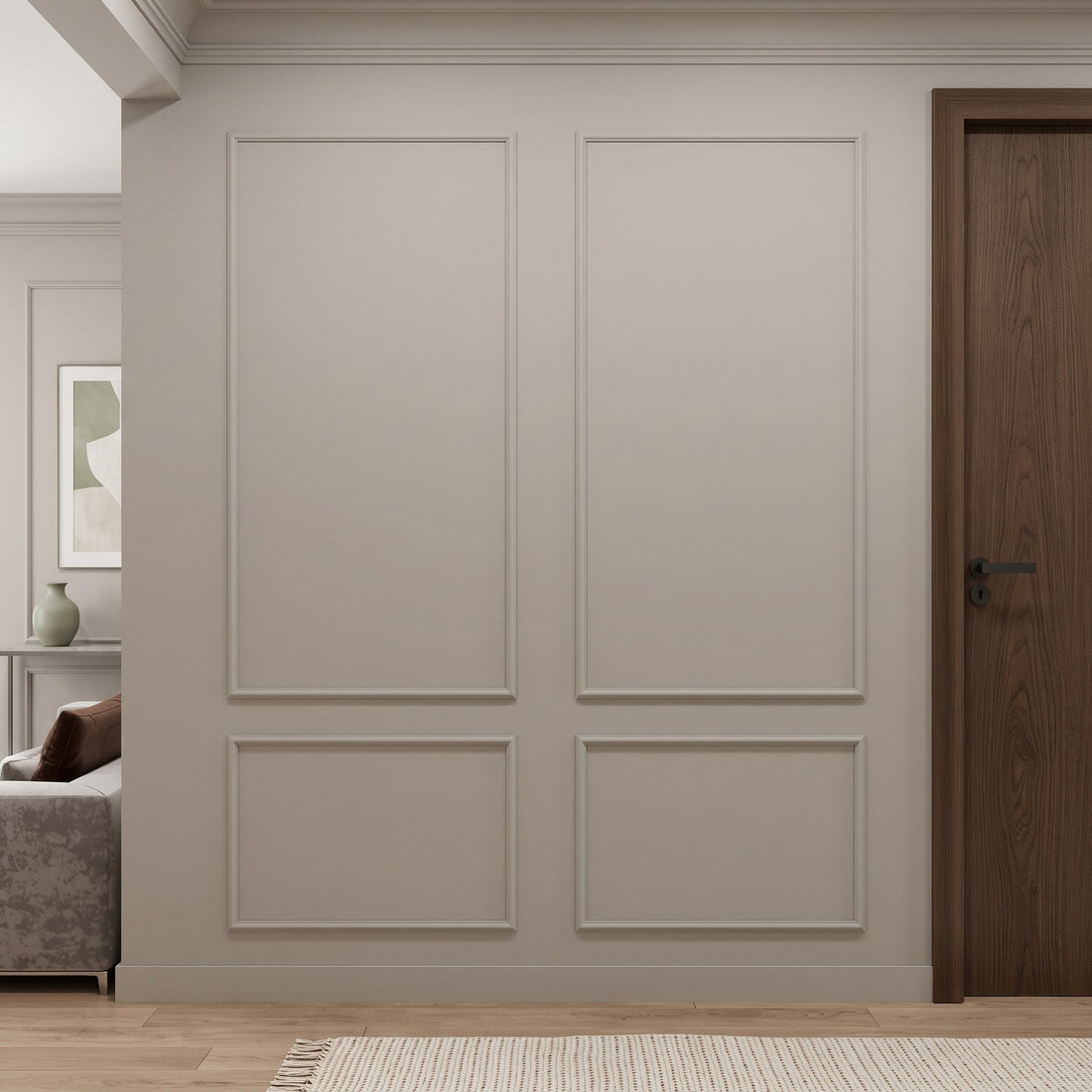 Peel and stick wall molding: greige picture frame panels on a hallway wall