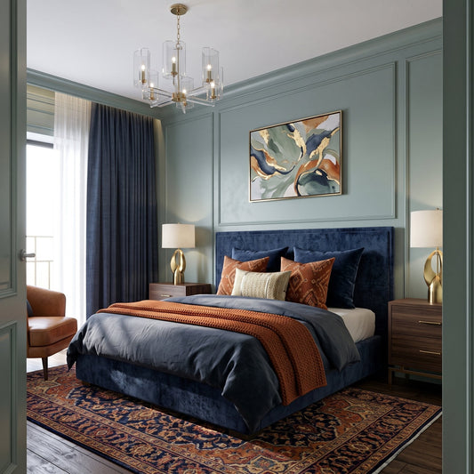 Wall molding ideas by room: blue grid accent wall in a bedroom