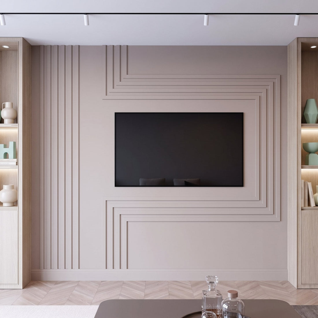 Accent wall panels: modern TV media wall with linear molding