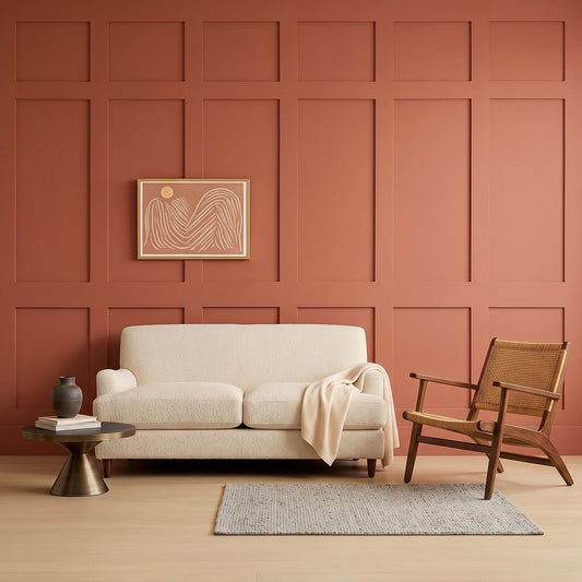 Vertical accent walls with MDF board and batten painted terracotta behind a sofa