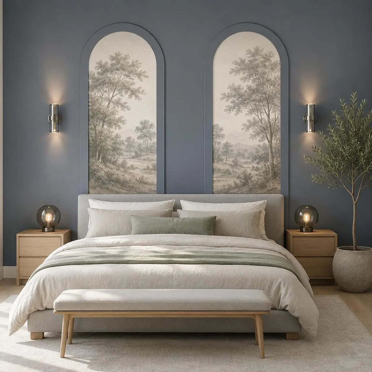 Arched wall molding kit – arched moulding with mural wallpaper behind a bed