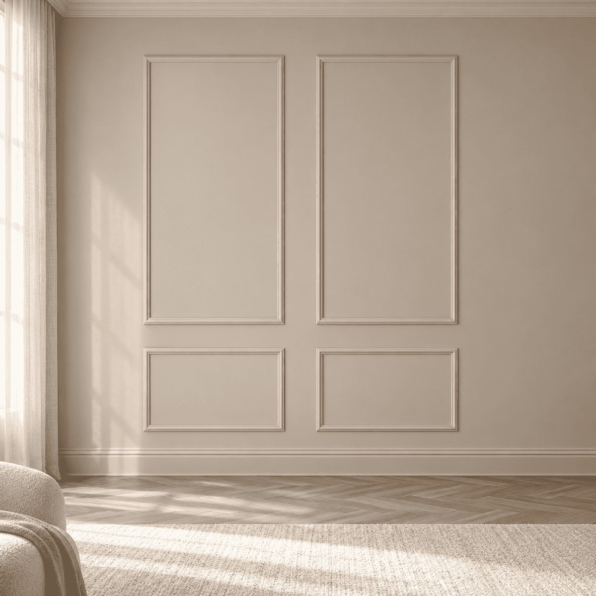 Beige picture frame wall molding on an accent wall
