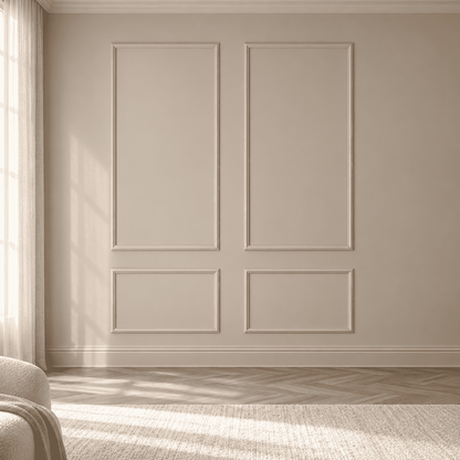 Beige picture frame wall molding on an accent wall