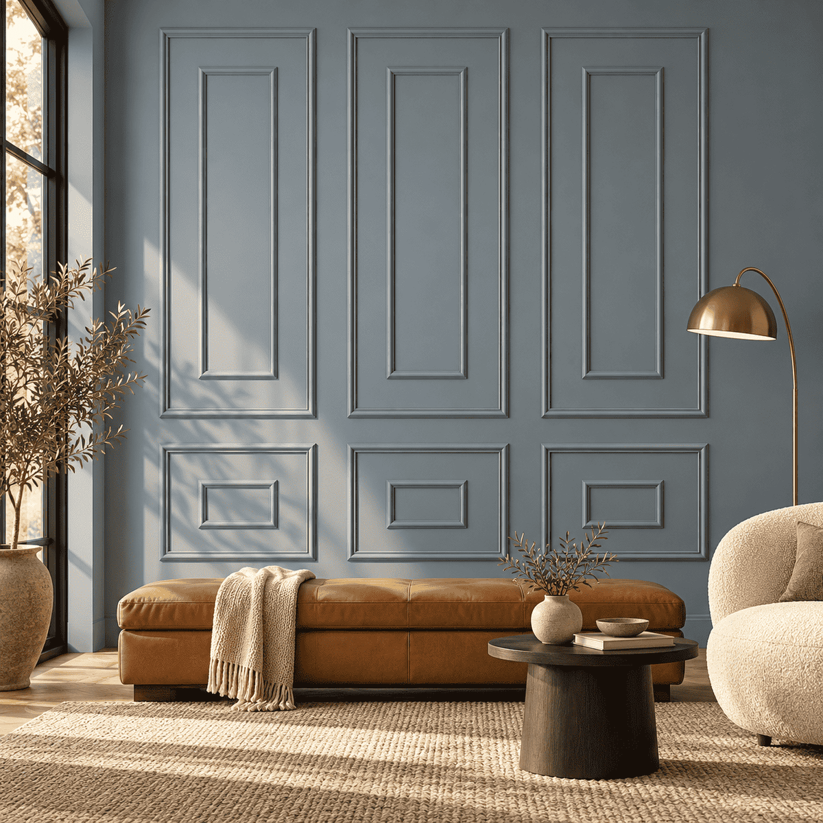 Slate blue double picture frame wall molding in a living room