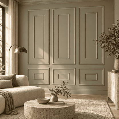 Beige double picture frame wall molding in a living room