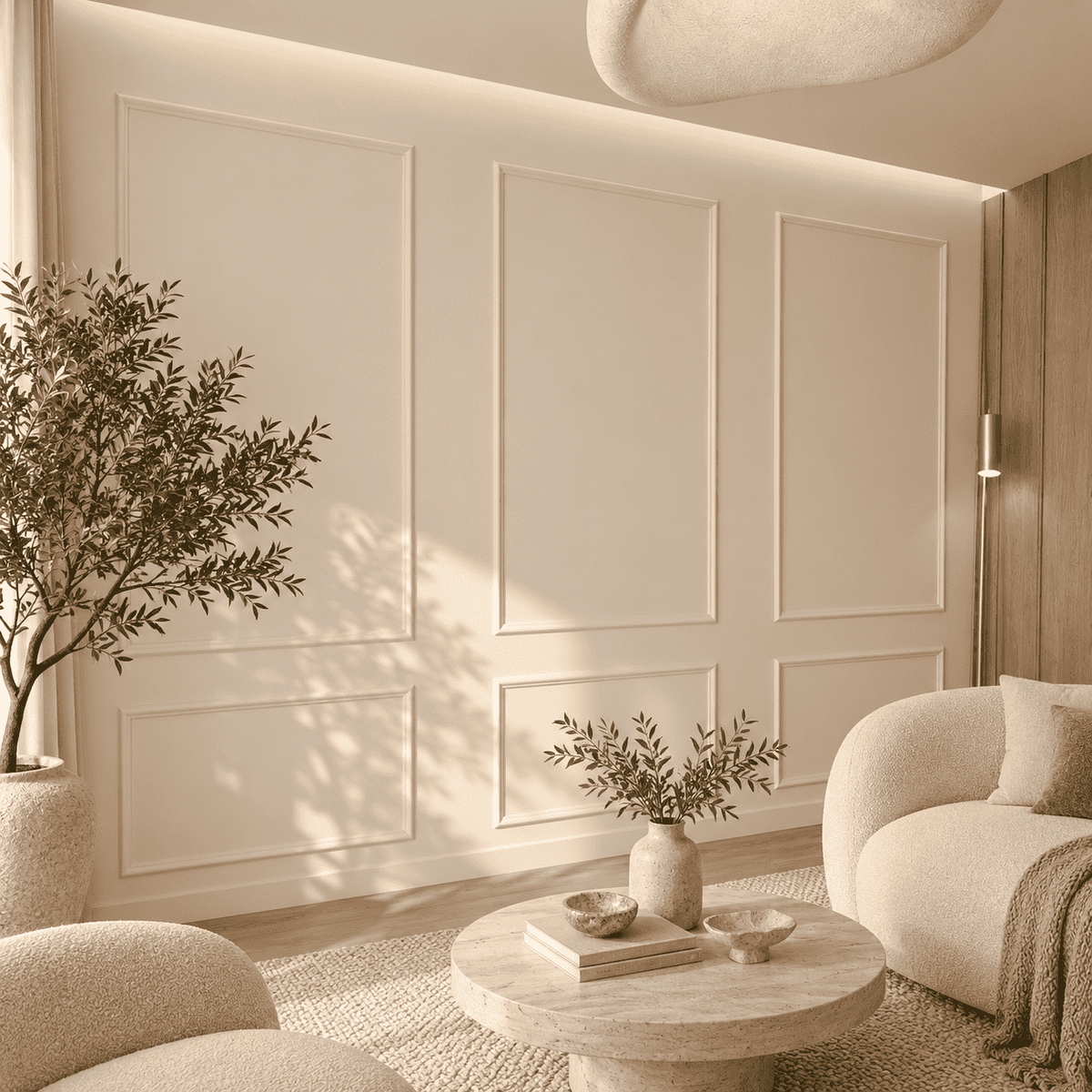 Cream picture frame wall molding in a living room