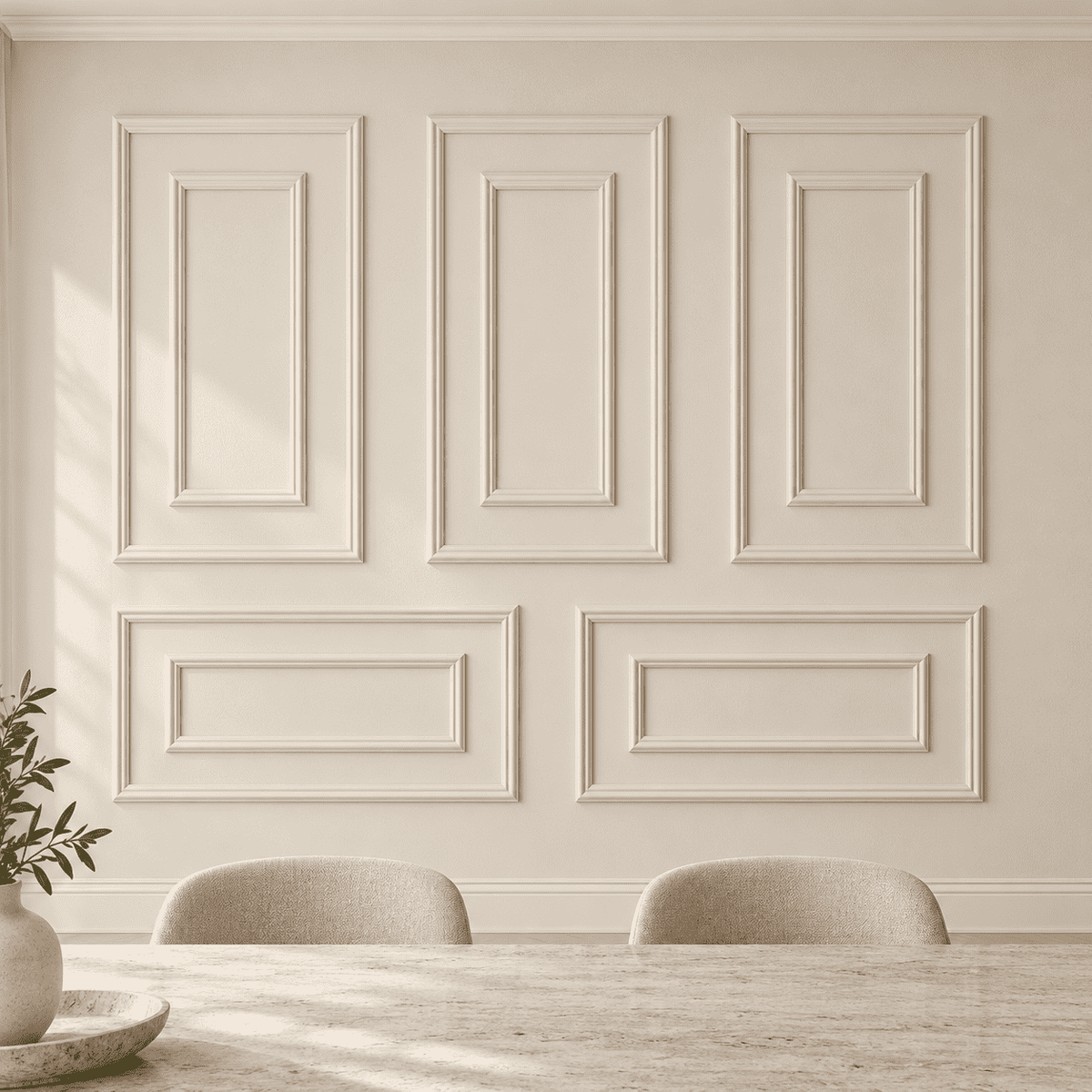 Cream double picture frame wall molding in a dining room