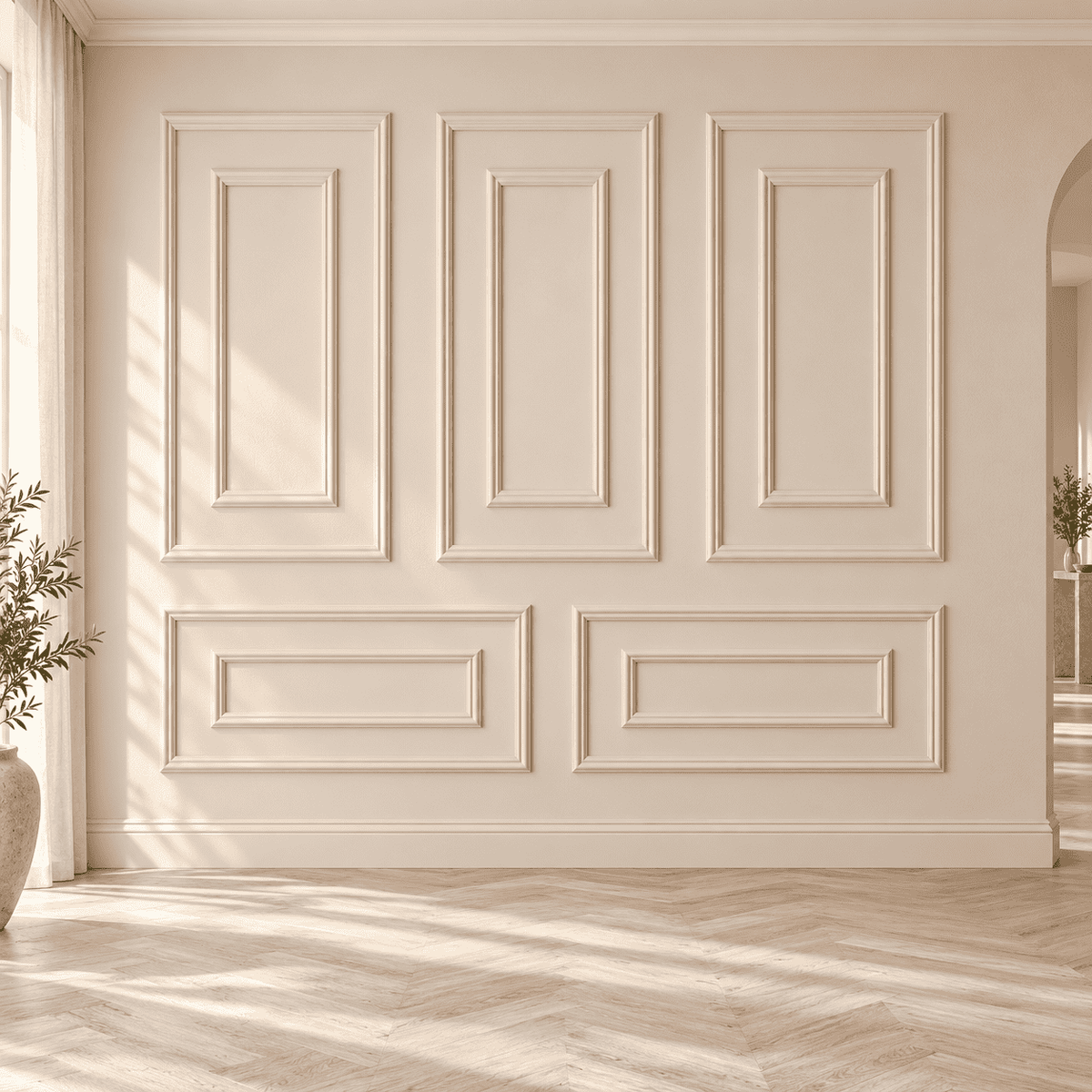 Cream double picture frame wall molding in a dining room, wide view
