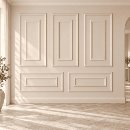 Cream double picture frame wall molding in a dining room, wide view
