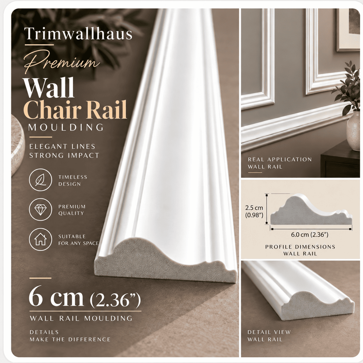 Tom Custom Order – Waterproof & Paintable Colonial Wall Molding – 5 Frames + 23ft Chair Rail
