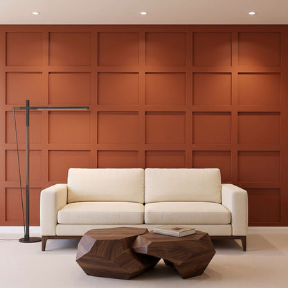 Rust orange grid board and batten wall in a living room