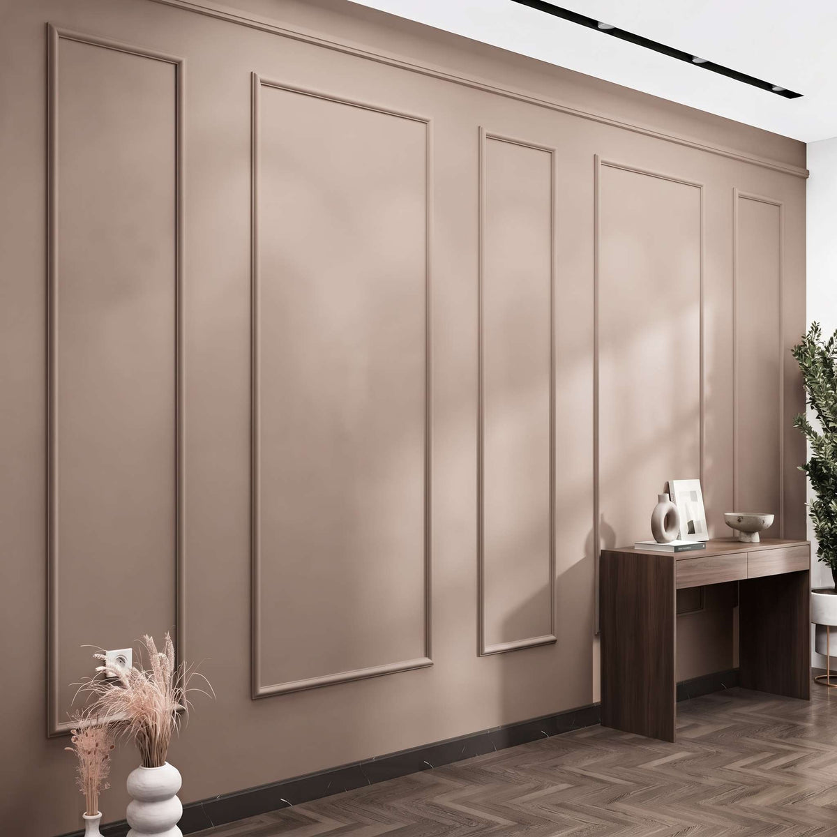 Peel and Stick Wainscoting, taupe picture frame wall molding in a home office