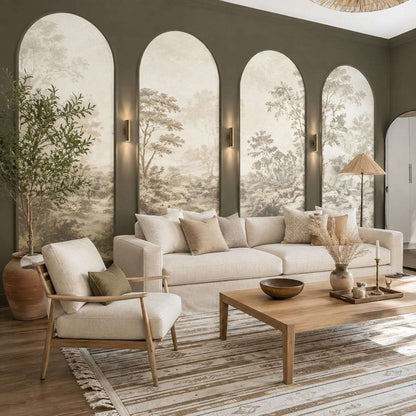 Arch Wall Decor Molding, olive green arched wall molding framing mural wallpaper in a living room