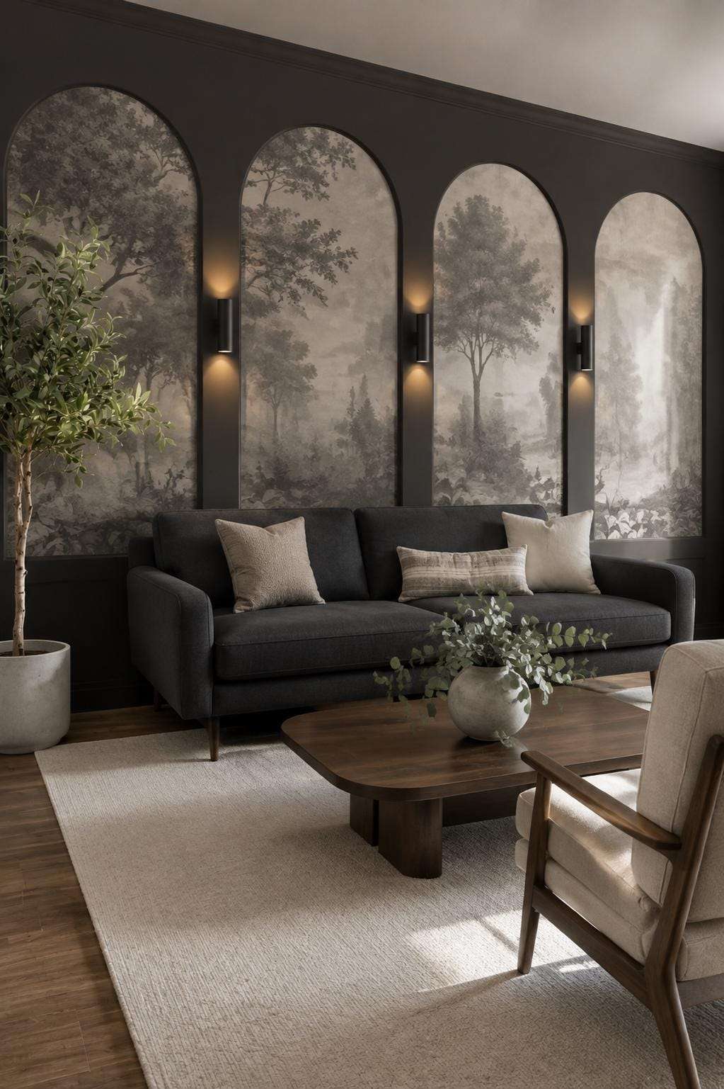 Wall molding with wallpaper: charcoal gray arched wall molding framing mural wallpaper