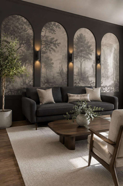 Wall molding with wallpaper: charcoal gray arched wall molding framing mural wallpaper