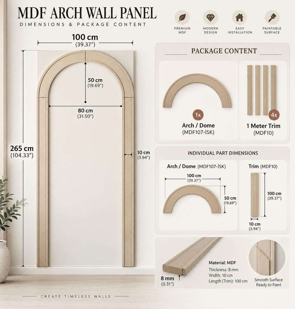 Arch Wall Decor Molding dimensions and package contents
