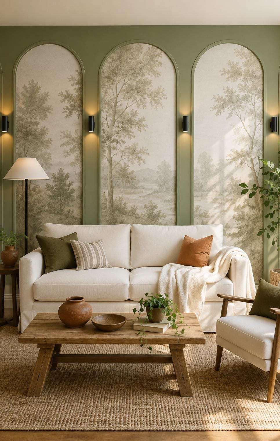 Wall molding with wallpaper: sage green arched wall molding framing mural wallpaper