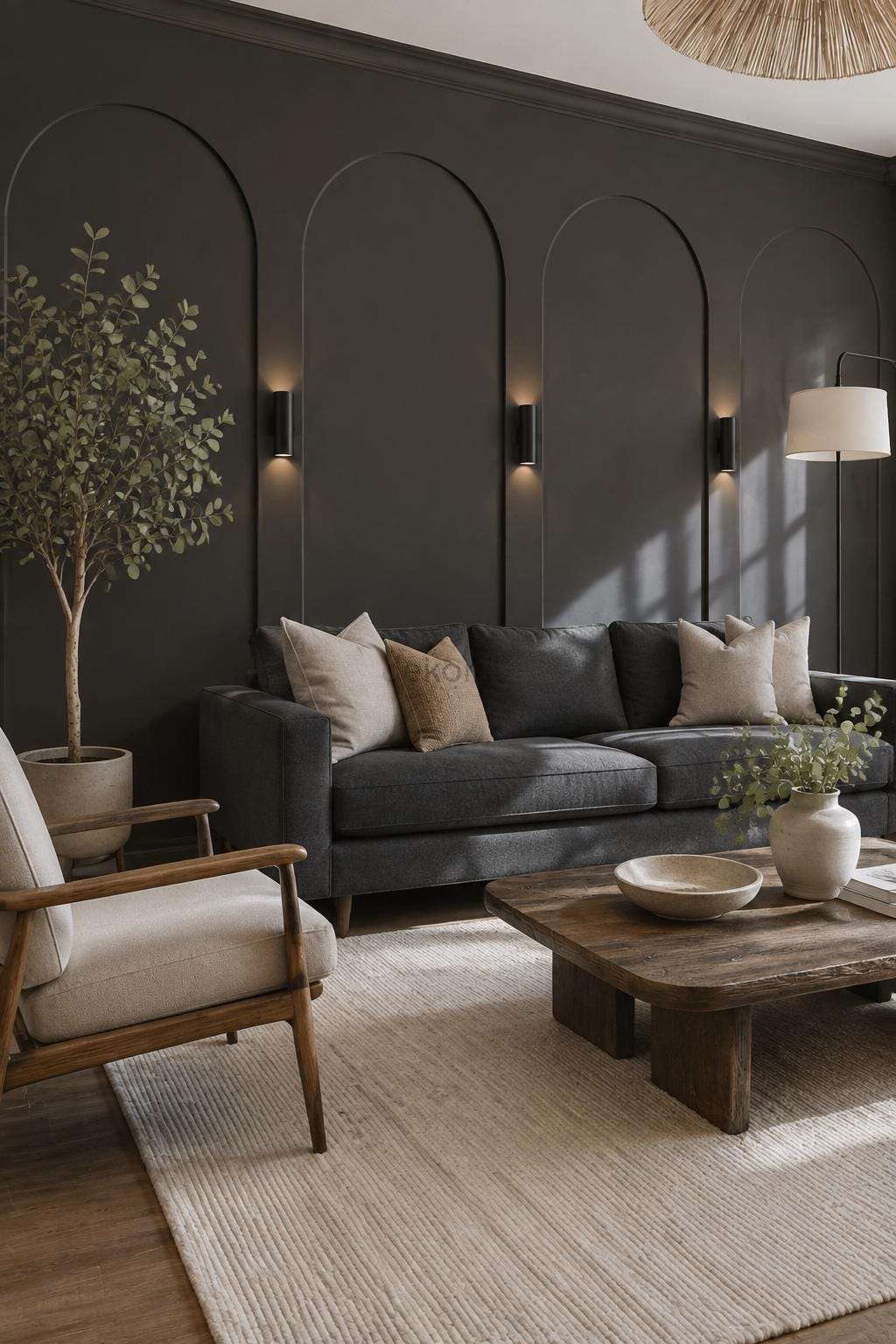 Charcoal gray arched wall molding in a living room